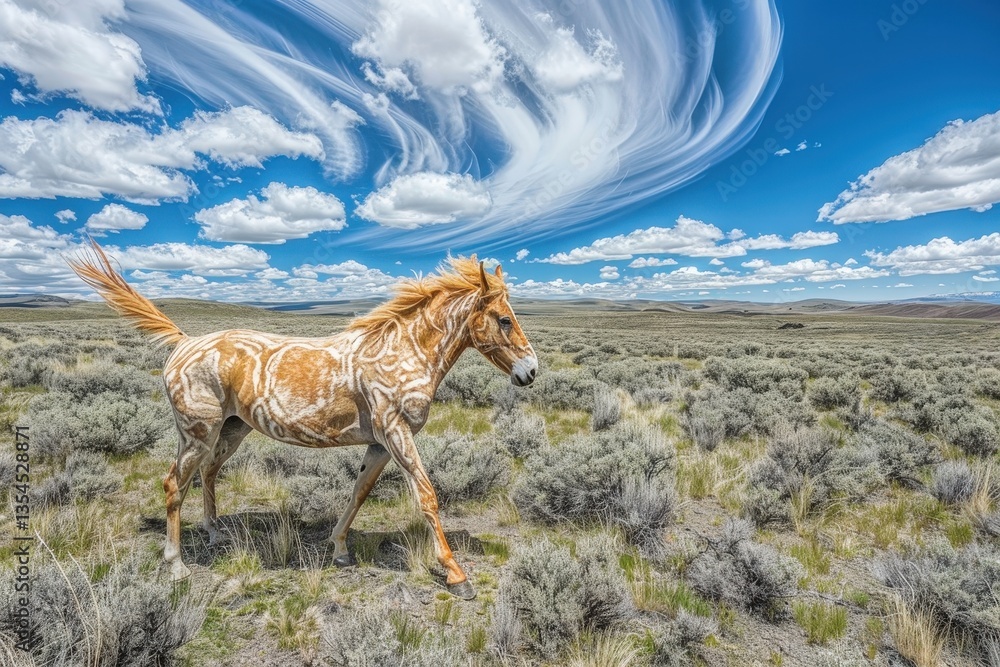 Fototapeta premium Foal running in a grassy field with an amazing sky