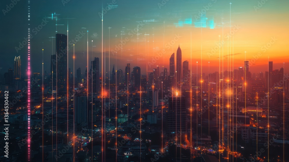 Cityscape at sunset with digital overlay. Possible use Stock photo for technology, urban, business, and abstract themes Cityscape at sunset with digital overlay. Possible use Stock photo for technology, urban, business, and abstract themes
