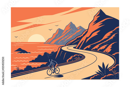 Cyclist enjoying a scenic coastal road at sunset. . Vector retro for greeting card, banner, poster, t-shirt