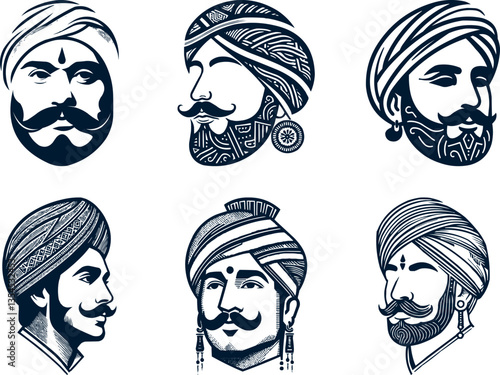 Fotografía Indian Maharaja Turban Portrait Vintage Royal Faces Heritage Illustration