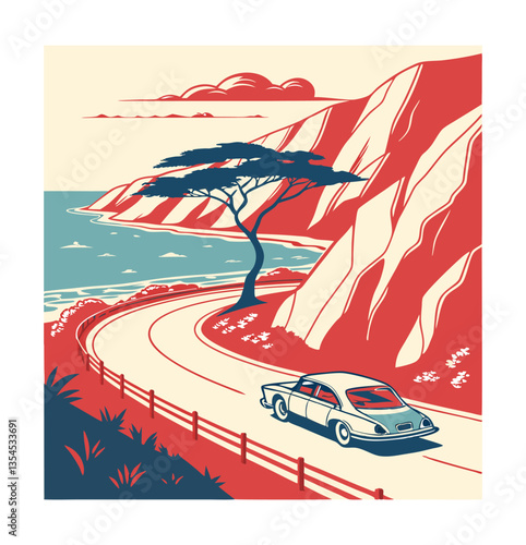 Vintage Road Trip Along the Coastal Highway . Vector retro for greeting card, banner, poster, t-shirt