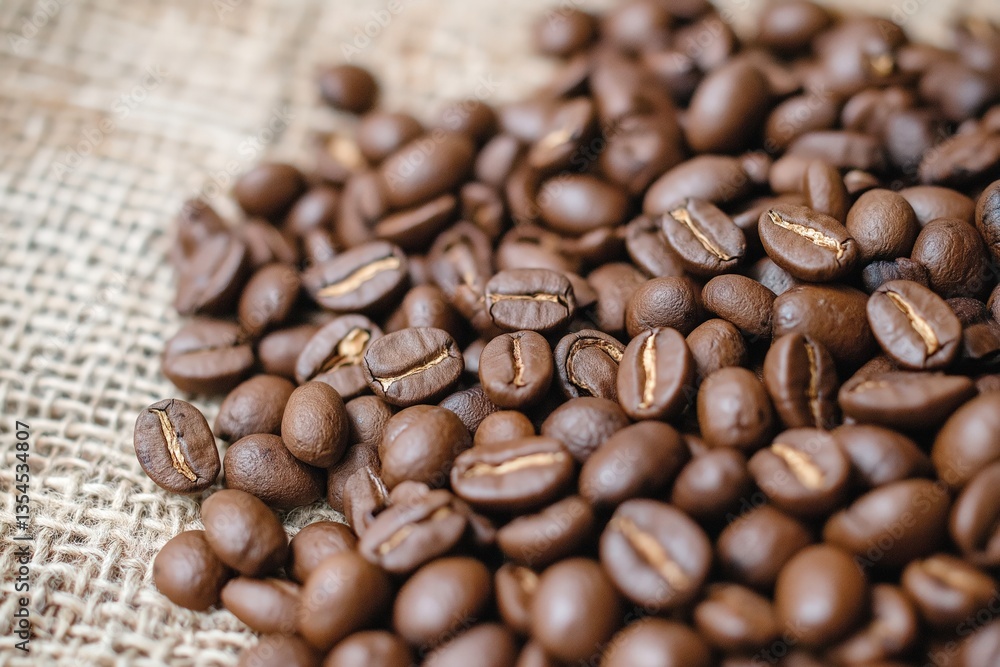 Obraz premium Light Roasted Coffee Beans Piled on Natural Burlap Background 