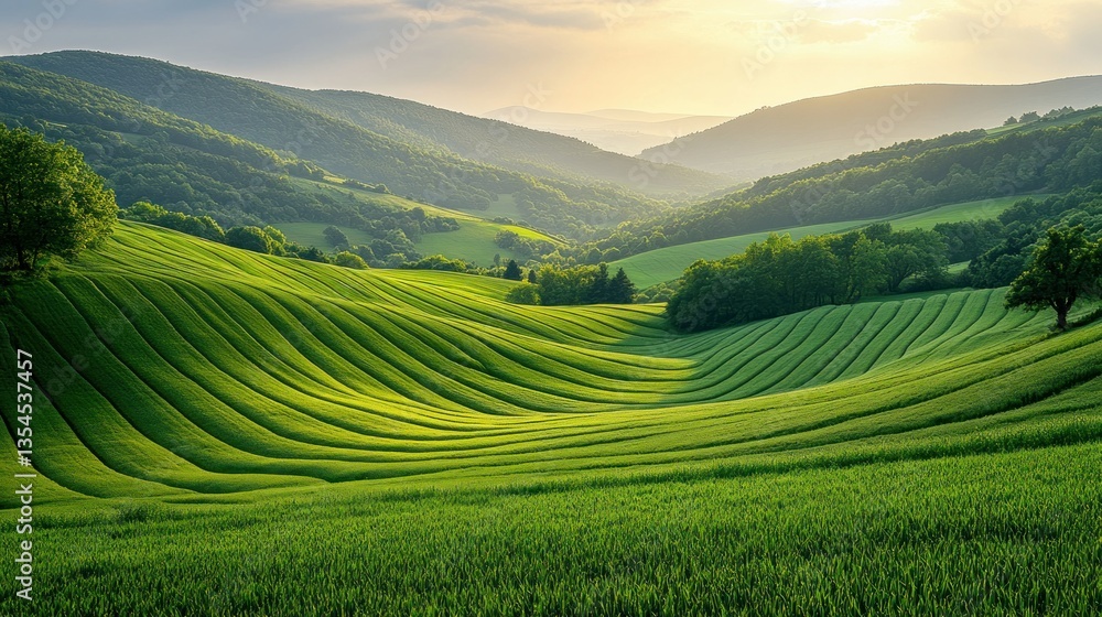Lush green fields rolling hills, soft light Lush green fields rolling hills, soft light