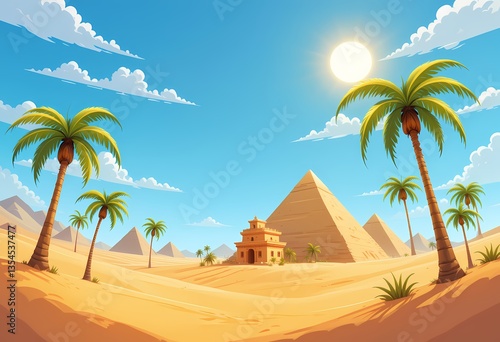 Cartoon Egyptian Desert Landscape, Pyramids, palm trees, and desert sun.
