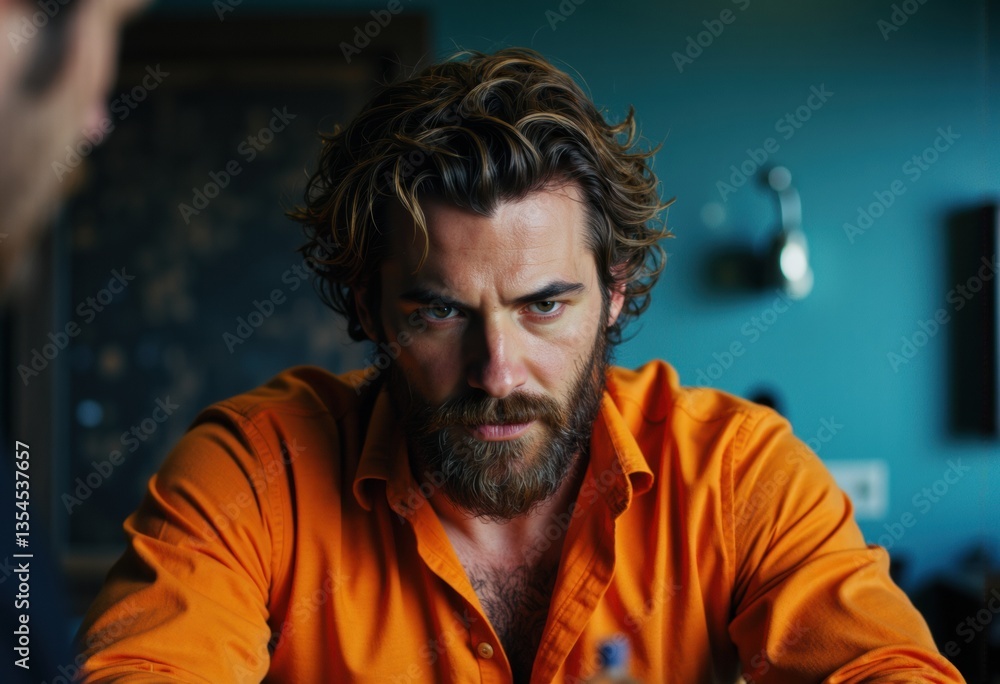 Intense man with a beard wearing an orange shirt, gazing thoughtfully Intense man with a beard wearing an orange shirt, gazing thoughtfully