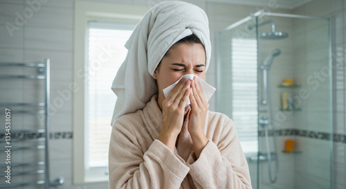 Sick Woman Blowing Her Nose with a Tissue