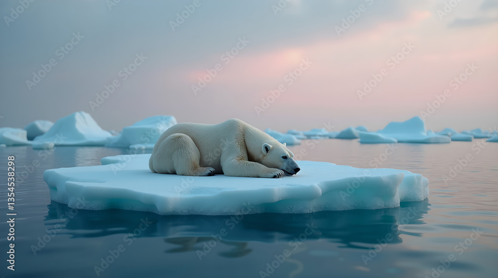 Naklejka premium A poignant photograph of a polar bear stranded on a tiny, shrinking iceberg in the middle of the vast ocean