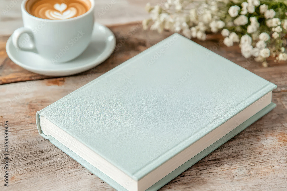 Fototapeta premium Minimalist setup with hardcover book and latte on wooden table