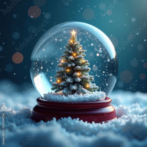 Frosty snow globe scene with shiny Christmas tree in the center, festive decor, glass container