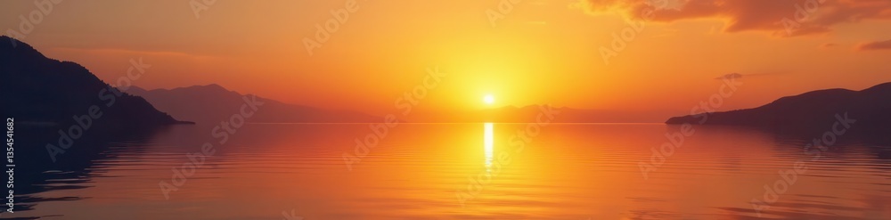 Obraz premium Serene sunrise, golden light on still sea; tranquil reflection, clouds, golden sunrise, sky
