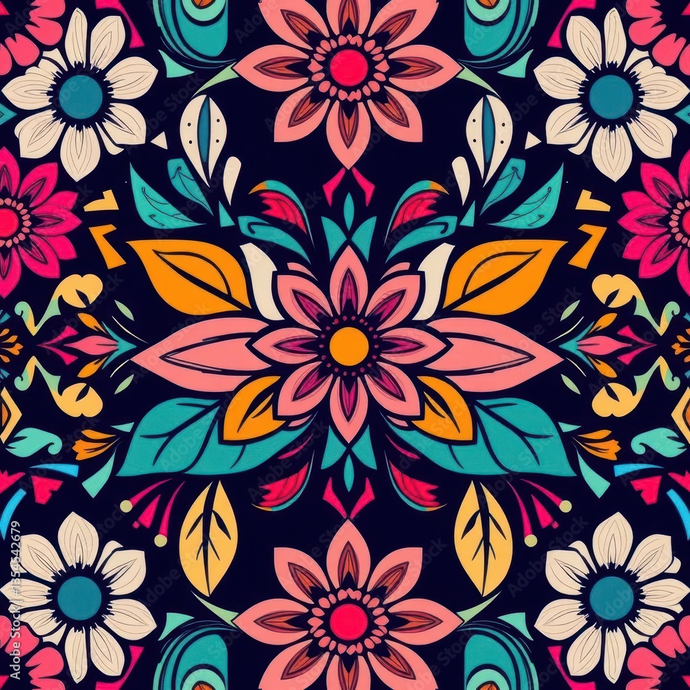 custom made wallpaper toronto digitalIntricate floral pattern with bold tribal-inspired lines and shapes, creating a vibrant design, bloom, ethnic