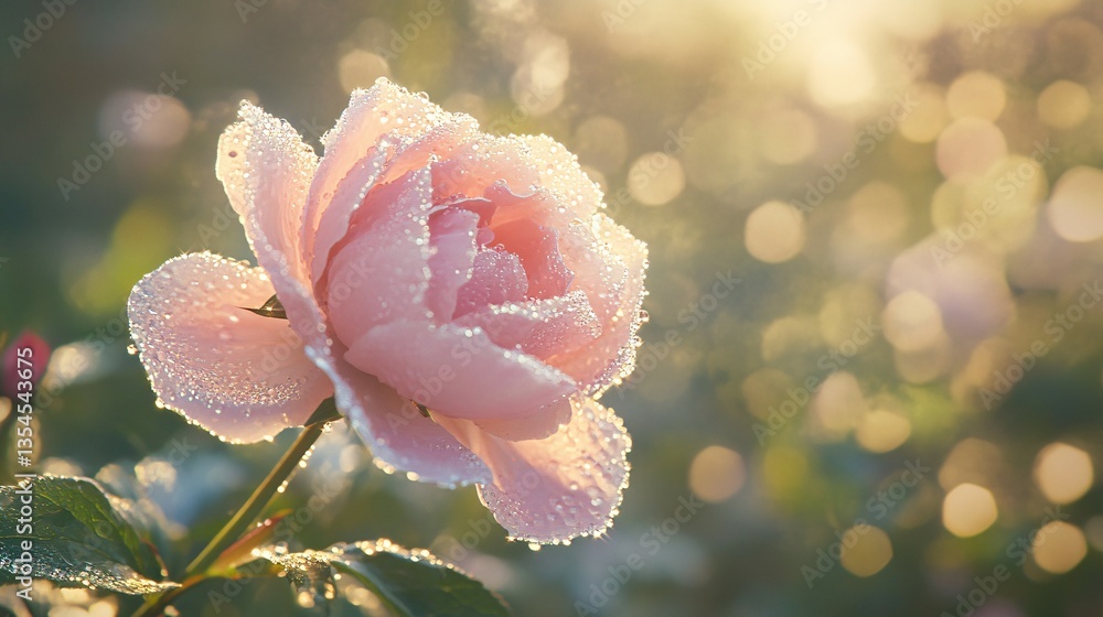 A beautiful pink rose with tiny water droplets in soft sunlight A beautiful pink rose with tiny water droplets in soft sunlight