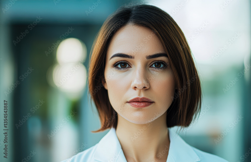 A focused woman with a serious expression, dressed in a white lab coat, set against a softly blurred background. A focused woman with a serious expression, dressed in a white lab coat, set against a softly blurred background.