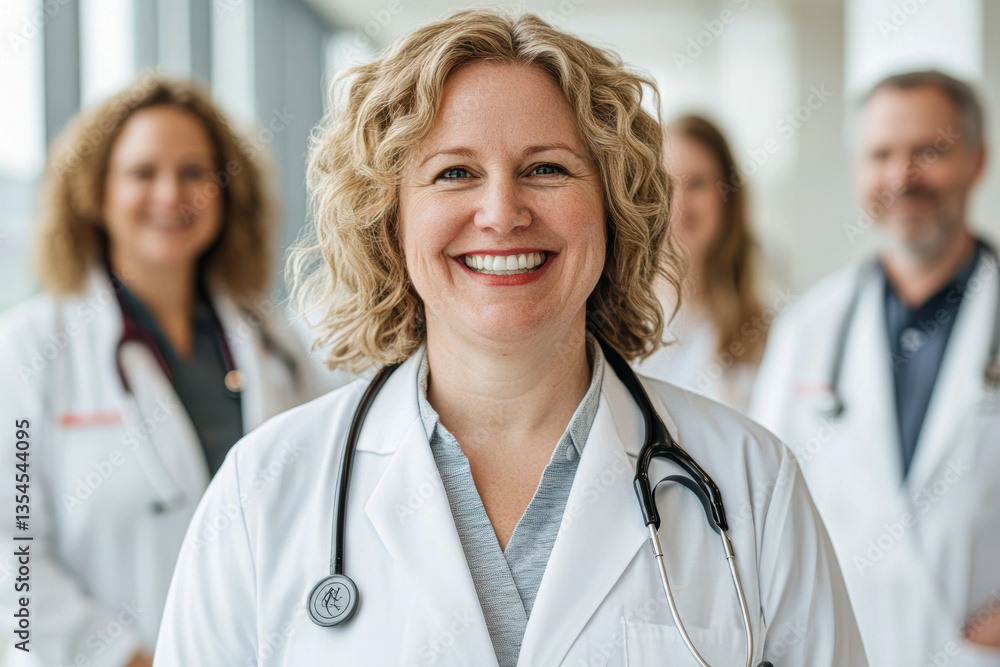 Smiling healthcare professionals in white coats stand together, showcasing teamwork and dedication in a clinical environment. Smiling healthcare professionals in white coats stand together, showcasing teamwork and dedication in a clinical environment.