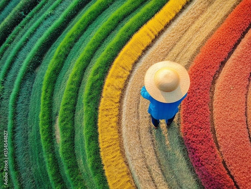 Vibrant fields with a farmer in a colorful landscape.