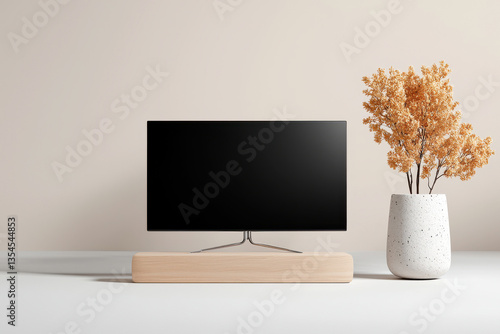 Minimalist desk setup with modern monitor and decorative vase