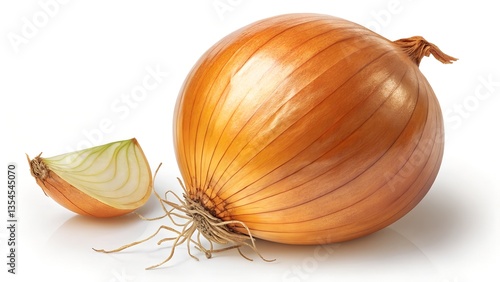 Fresh Golden-Brown Whole Onion and Sliced Onion Segment Displayed on a Minimalist White Background, Showcasing Intricate Layers and Root Details