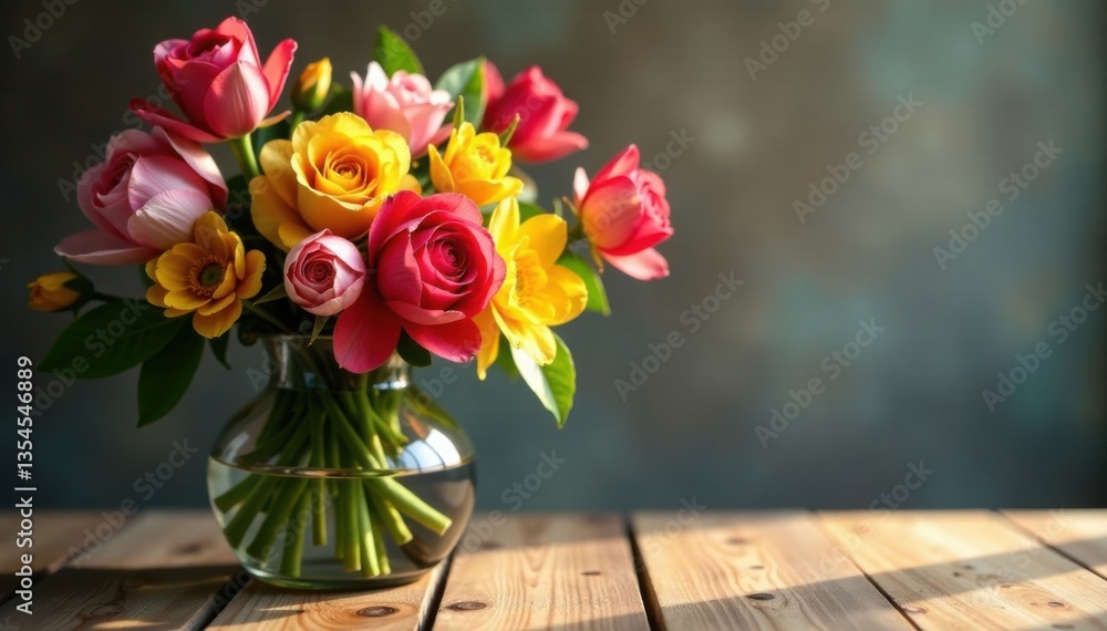 Vibrant spring flowers arranged on a wooden table with a soft lamp glow, natural elegance, home decor Vibrant spring flowers arranged on a wooden table with a soft lamp glow, natural elegance, home decor