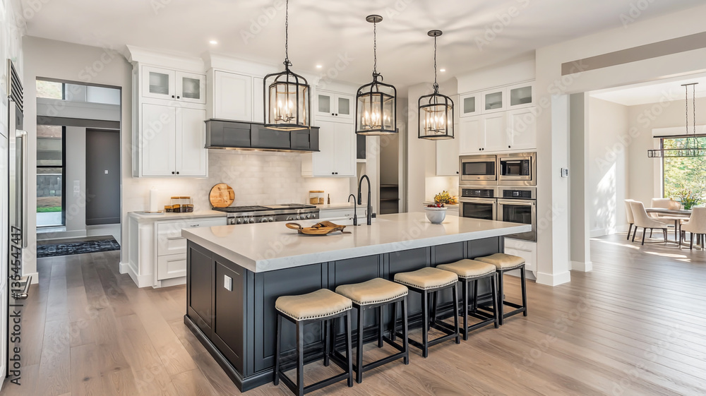 Elegant Kitchen Design in a New Luxury Home – Showcasing a Spacious Island, Chic Pendant Lighting, Gleaming Hardwood Floors, and High-End Stainless Steel Appliances. Elegant Kitchen Design in a New Luxury Home – Showcasing a Spacious Island, Chic Pendant Lighting, Gleaming Hardwood Floors, and High-End Stainless Steel Appliances.
