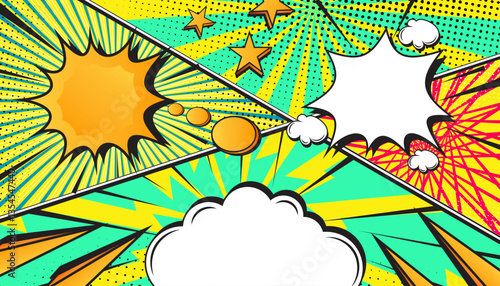 Colorful Retro Comic Explosion Background with Pop Art Style, Halftone Dots, Speech Bubbles, and Dynamic Action Bursts, Featuring a Set of Vibrant Comic Page Frames and blank Conversation Panels