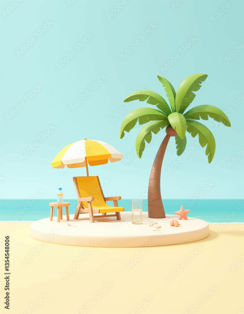 Obraz premium 3D Beach Scene with Palm Tree and Lounge Chair 