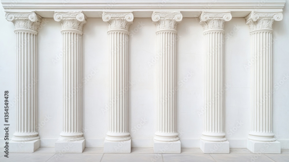 Five Elegant White Classical Columns in a Row Against Simple Background Five Elegant White Classical Columns in a Row Against Simple Background