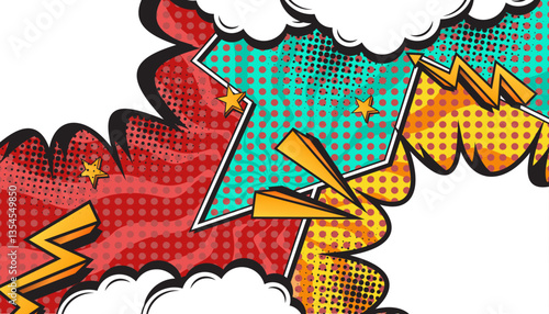 Colorful Retro Comic Explosion Background with Pop Art Style, Halftone Dots, Speech Bubbles, and Dynamic Action Bursts, Featuring a Set of Vibrant Comic Page Frames and blank Conversation Panels