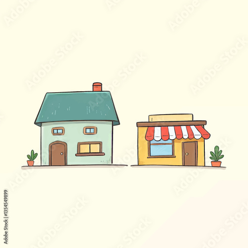 Cartoon Home and Storefront Illustration
