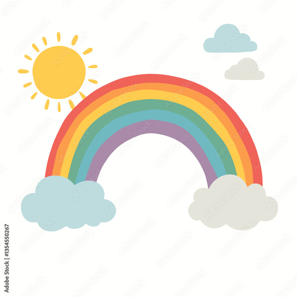 Cartoon rainbow with sun and clouds on white Cartoon rainbow with sun and clouds on white