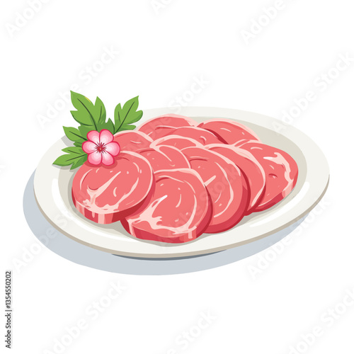 Cartoon plate of sliced pork decorated with flower and parsley