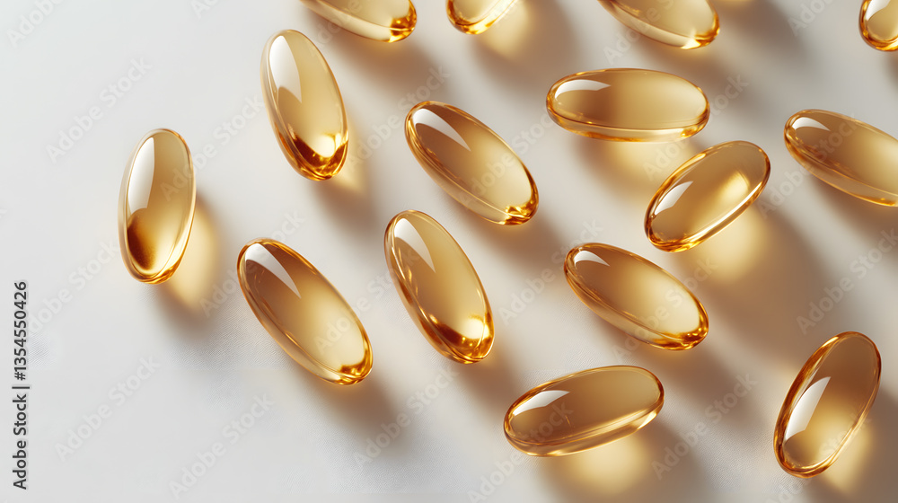 Gel capsules lie on a clean surface, reflecting light and displaying their shiny amber appearance Gel capsules lie on a clean surface, reflecting light and displaying their shiny amber appearance