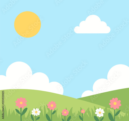 Cartoon spring landscape with sun, clouds, and flowers