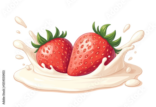 Cartoon Strawberries Splashing in Creamy Milk