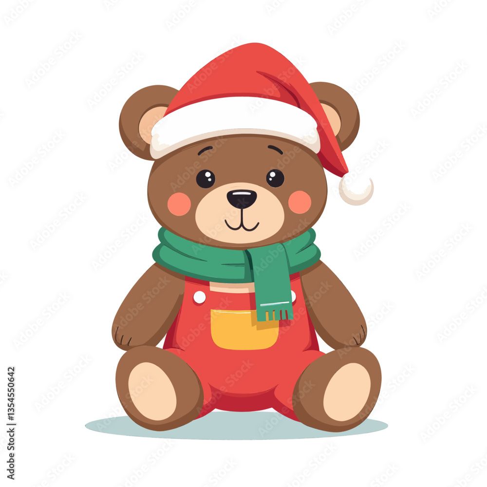 Cartoon Teddy Bear in Christmas Outfit with Green Scarf Cartoon Teddy Bear in Christmas Outfit with Green Scarf