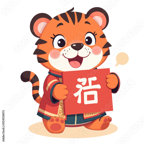 Cartoon tiger holding lucky symbol for Chinese New Year