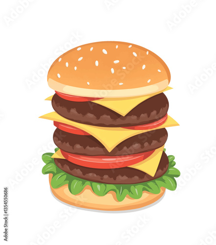 Cartoon triple cheeseburger with tomatoes and lettuce