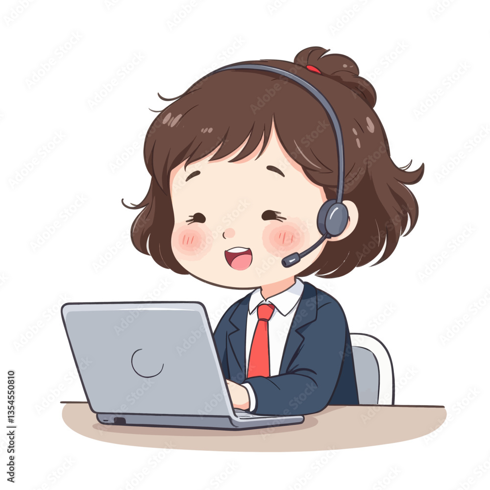 Cartoon Woman with Headset Using Laptop, Customer Service Cartoon Woman with Headset Using Laptop, Customer Service