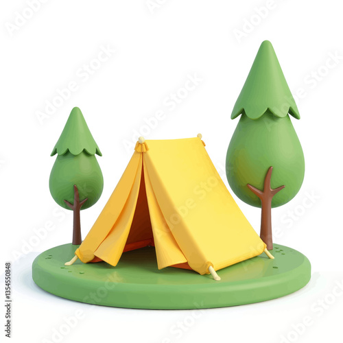 Cartoon Yellow Tent Beside Trees on Green Platform