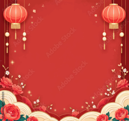 Chinese Lunar New Year background with lanterns and flowers