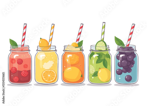 Colorful fruit juice in mason jars with straws