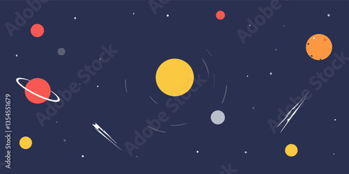 Colorful Solar System Illustration with Planets and Meteors