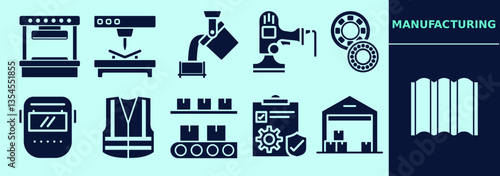 Industry manufacturing icon set with press machine, moulding, conveyor belt, safety vest, casting, sander, welding. Editable elements, size and color.