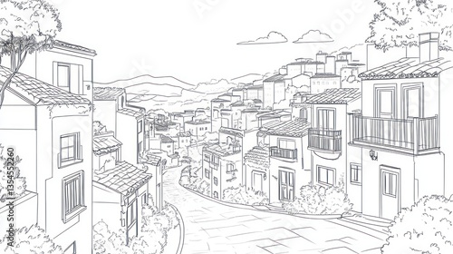 Wallpaper Mural European Town Sketch, Scenic Village, Perspective Drawing, Background Use Torontodigital.ca