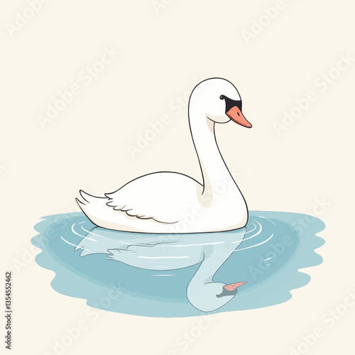 Elegant white swan floating on water with reflection