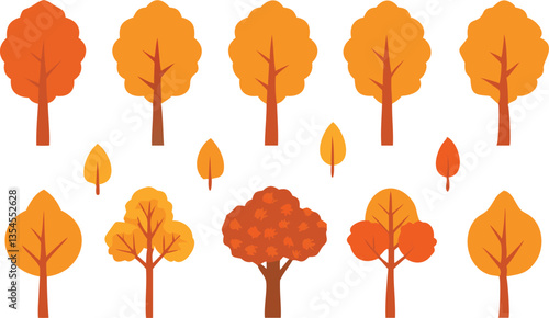 A collection of flat, cartoon-style autumn trees in various shades of orange, yellow, and brown.