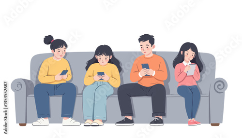Family on Couch Using Phones, Disconnected Togetherness