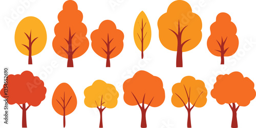 A collection of flat, cartoon-style autumn trees in various shades of orange, yellow, and brown.