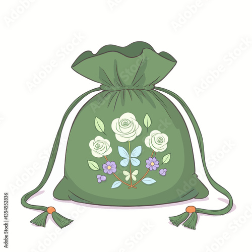 Floral embroidered green drawstring bag illustration