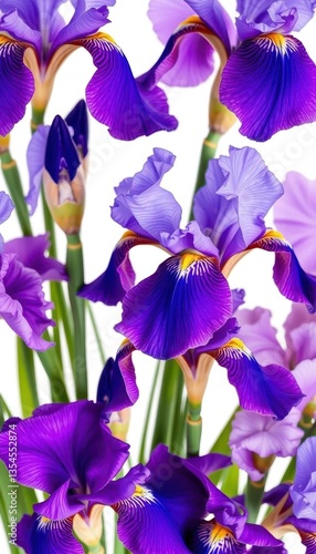 Close-up of vibrant purple, blue, violet, and lavender iris blossoms, isolated on white, violet iris, texture