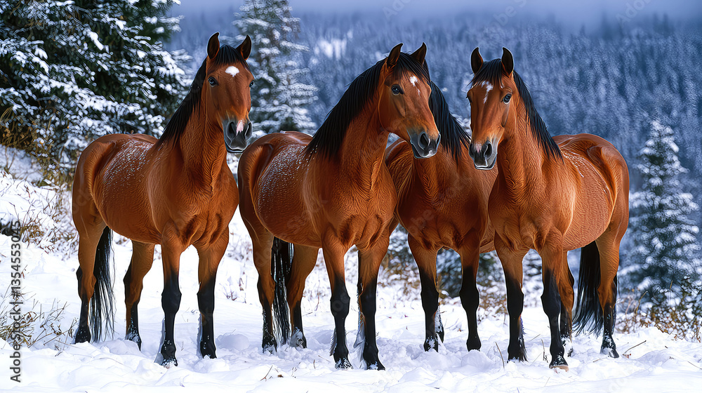 Obraz premium Majestic Horses in Winter Wonderland: A Breathtaking Snowy Landscape